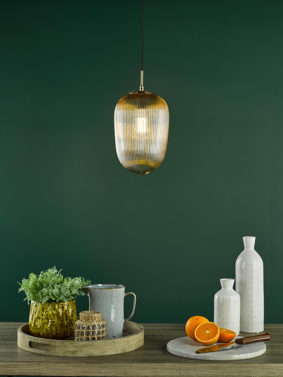 Abrielle Pendant Brushed Bronze and Amber Ribbed Glass