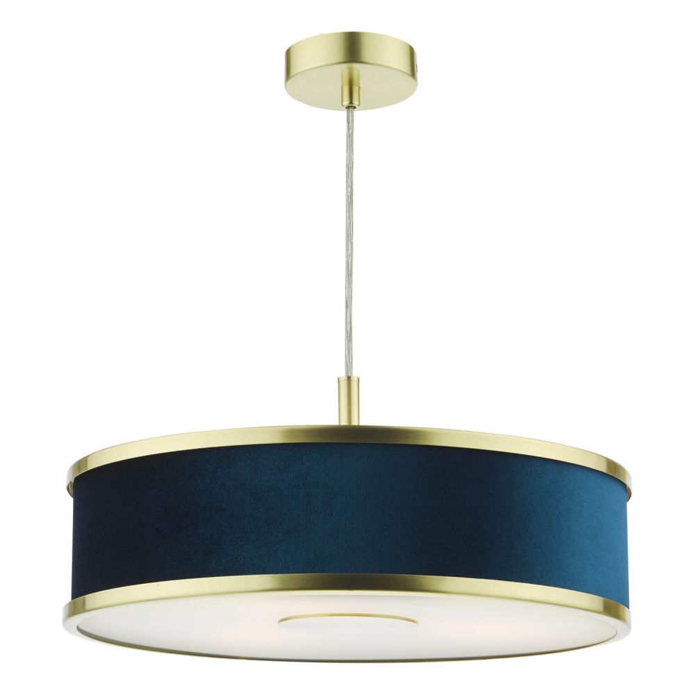 Alvaro 3 Light Single Pendant Brushed Brass and Blue Shade