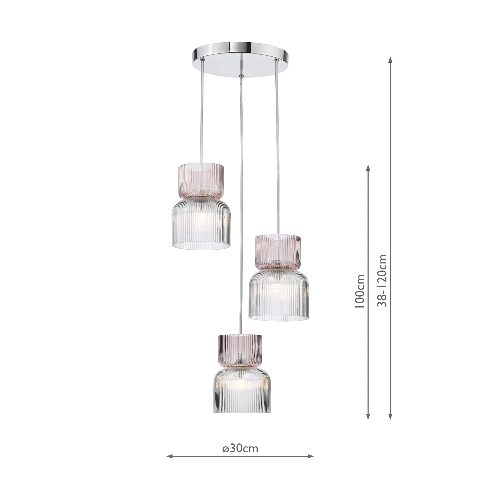 Auberta 3 Light Cluster Pendant Polished Chrome and Pink Ribbed Glass