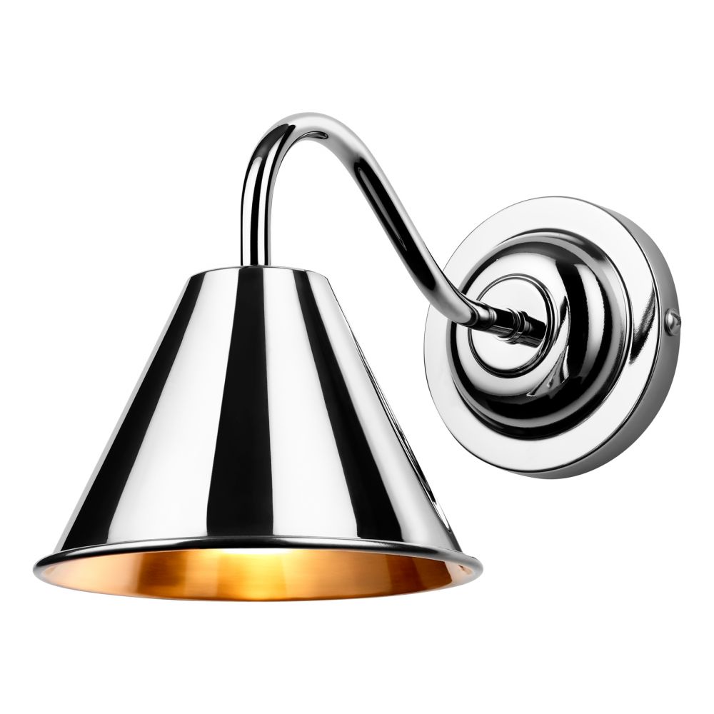 A highly polished metal wall light in a reflective silver finish, the wall light shade is a cone shape that fans out from a curved wall arm that sticks out from a circular tiered backplate on the wall.