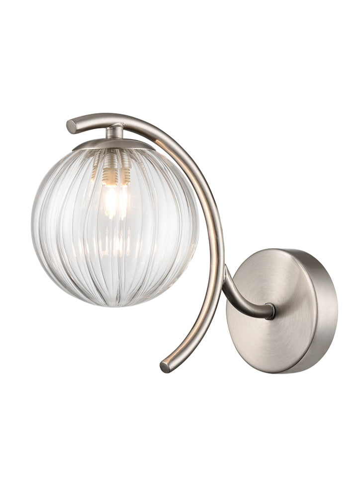 Atlas 1lt wall light satin nickel with clear ribbed glass