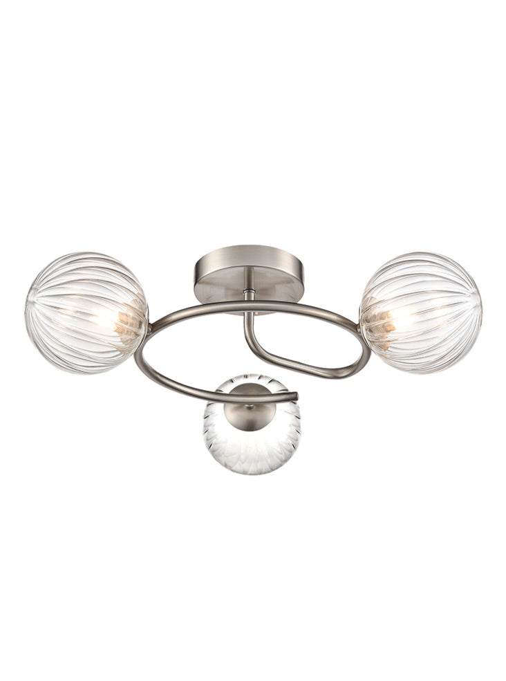 Atlas 3lt semi-flush satin nickel fitting with clear ribbed glass