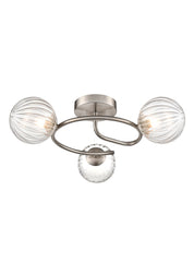 Atlas 3lt semi-flush satin nickel fitting with clear ribbed glass
