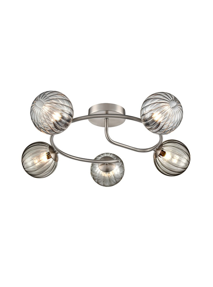 Atlas 5lt semi-flush satin nickel fitting with smoked ribbed glass