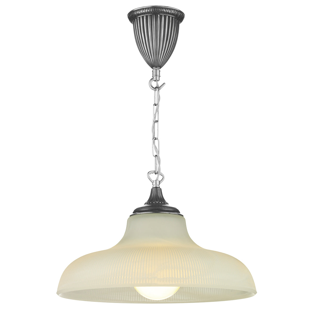 This pendant light has a large ceiling rose with a ribbed detail finished in a dark silver pewter colour, it has a chain hanging down with a creamy alabaster glass that is circular and ribbed its a thick heavy glass that is shallow and wide so you will see the bulb pointing out underneath.