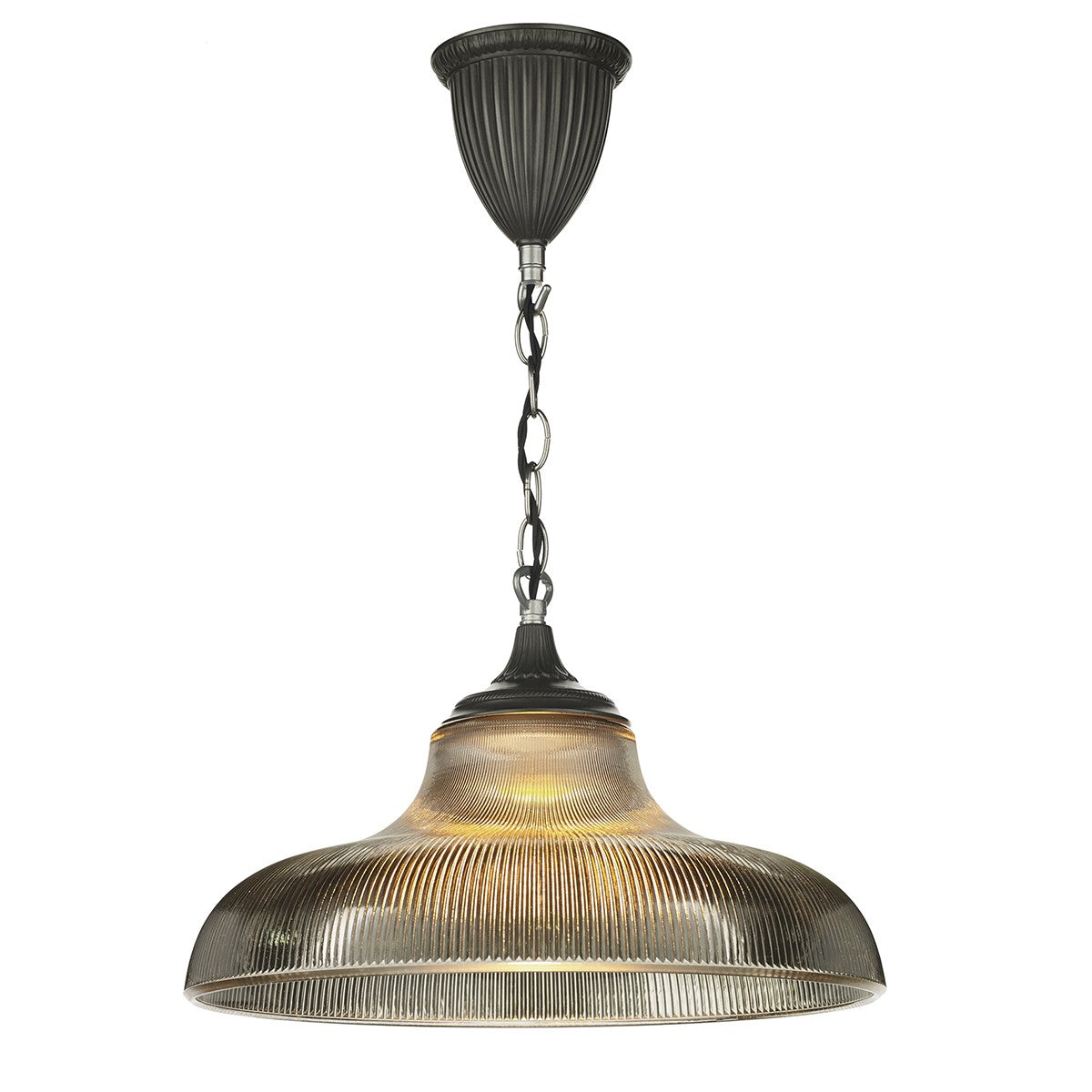 This pendant light has a large ceiling rose with a ribbed detail finished in a dark steel colour, it has a chain hanging down with a shiny steel smokey glass that is circular and ribbed its a thick heavy glass that is shallow and wide so you will see the bulb pointing out underneath.
