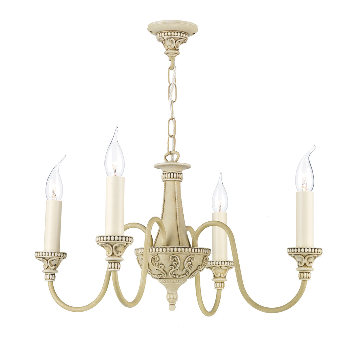 This 4 light chandelier is shown in cream the ceilibng rose has a very detailed floral pattern which has a chain from it coming down to a large central decorative centre plinth, the base of which is curved with lots of floral decoration, there are 4 curved arms coming off the central stem to the lamp holders which the base of the bulb holders are also floral decorated. There are long elongated candle drips covering the inner bulb holder.