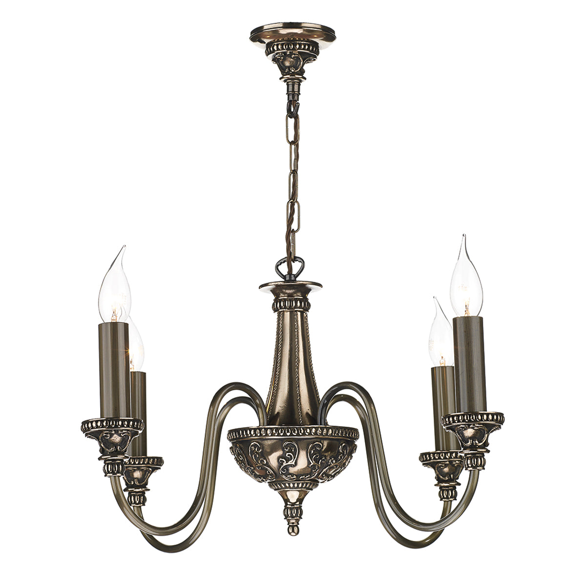 This 4 light chandelier is shown in dark bronze metal the ceiliing rose has a very detailed floral pattern which has a chain from it coming down to a large central decorative centre plinth, the base of which is curved with lots of floral decoration, there are 4 curved arms coming off the central stem to the lamp holders which the base of the bulb holders are also floral decorated. There are long elongated candle drips covering the inner bulb holder.