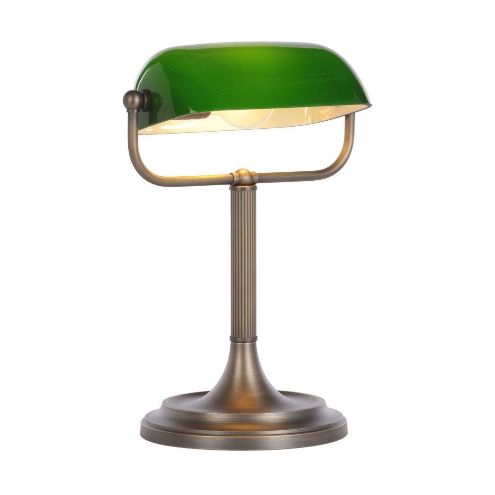 Bank Table Lamp Antique Brass and Green Glass
