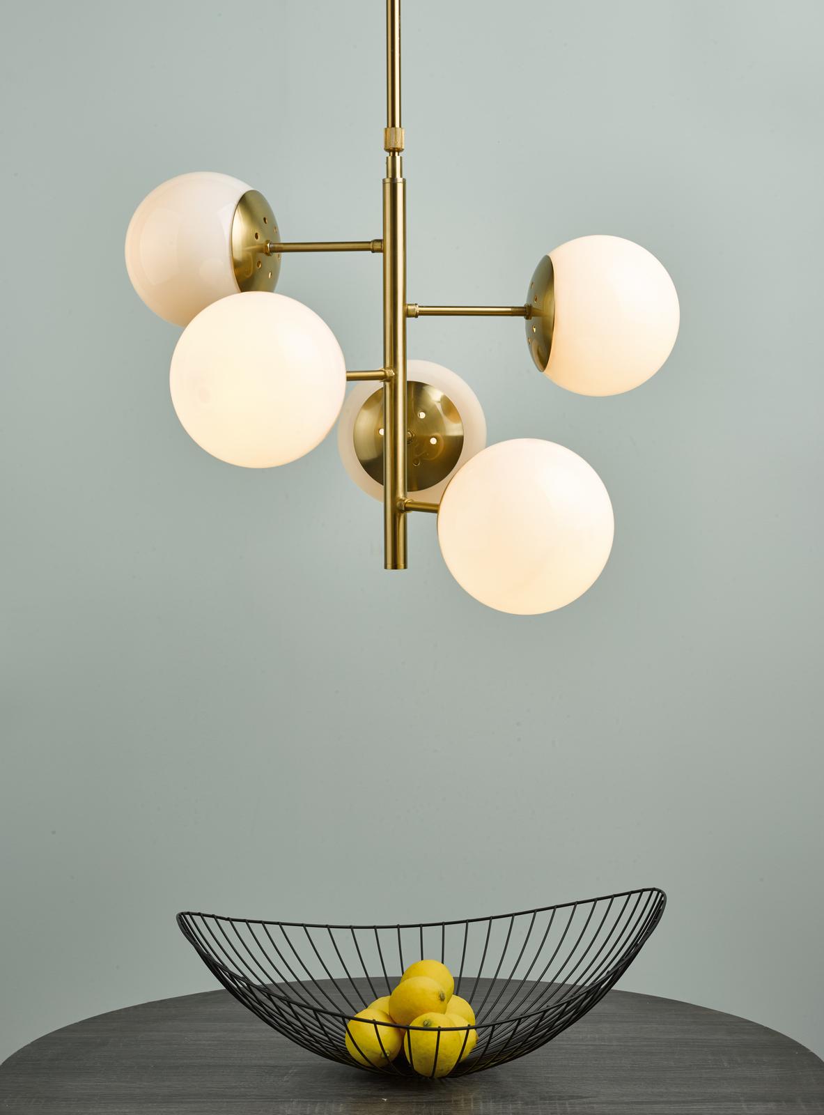Bombazine 5 Light Pendant Natural Brass & Opal Glass