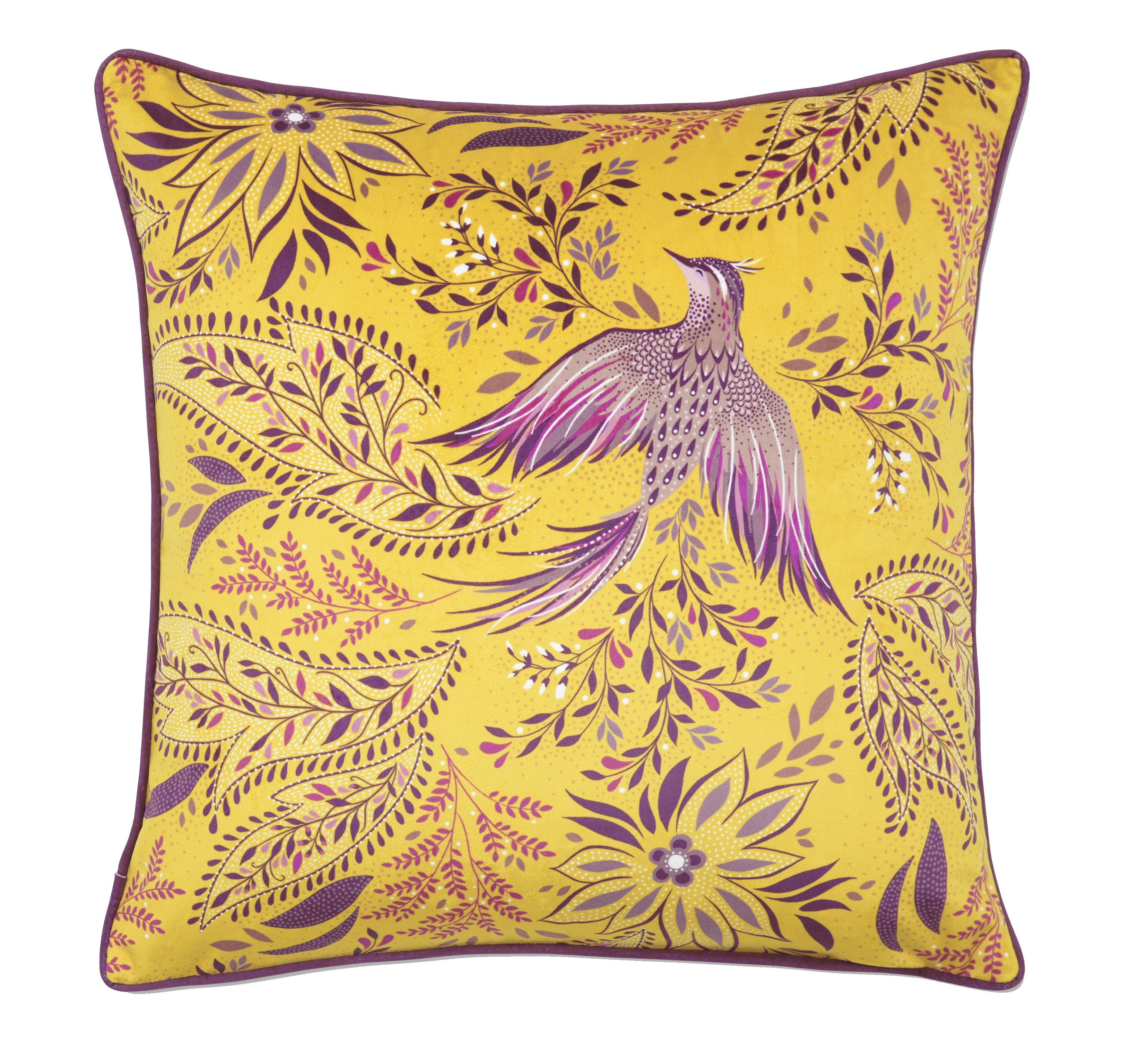 Bird Of Paradise Saffron Velvet Cushion 50 x 50cm