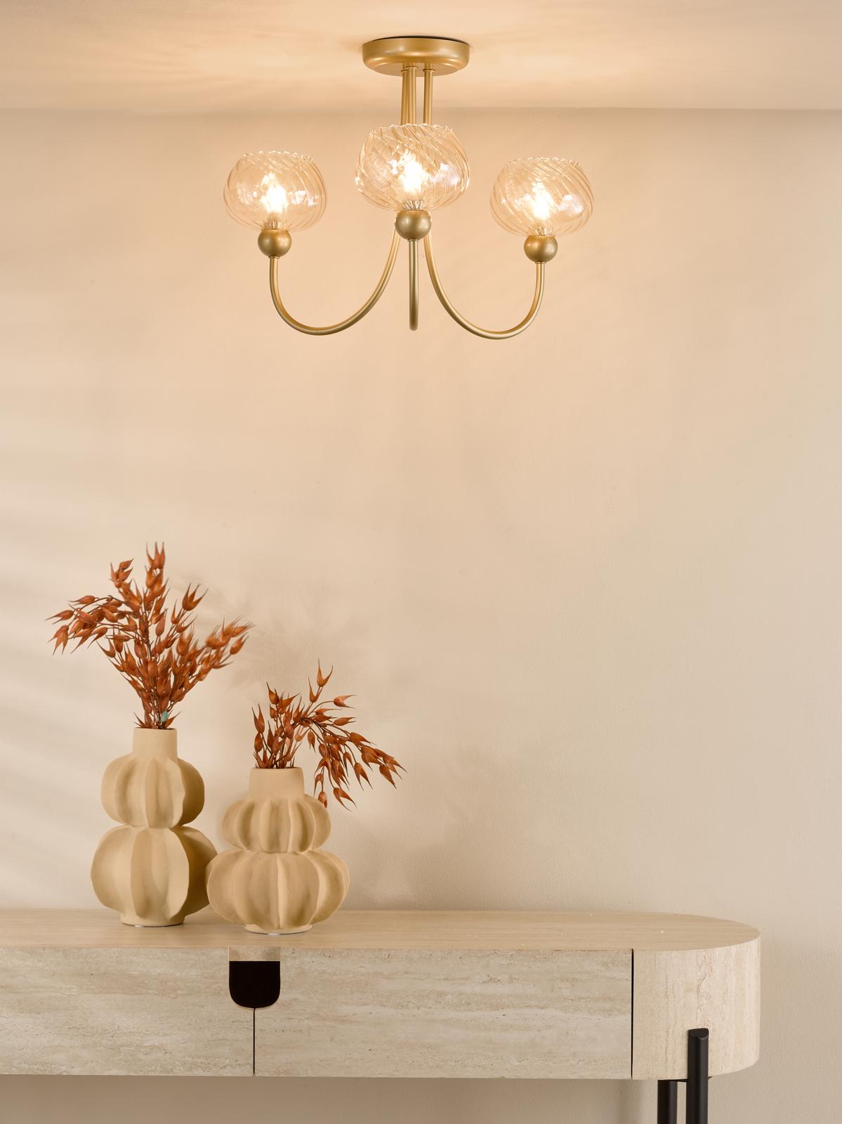 Cognac 3 Light Semi-Flush Satin Gold and Champagne Ribbed Glass