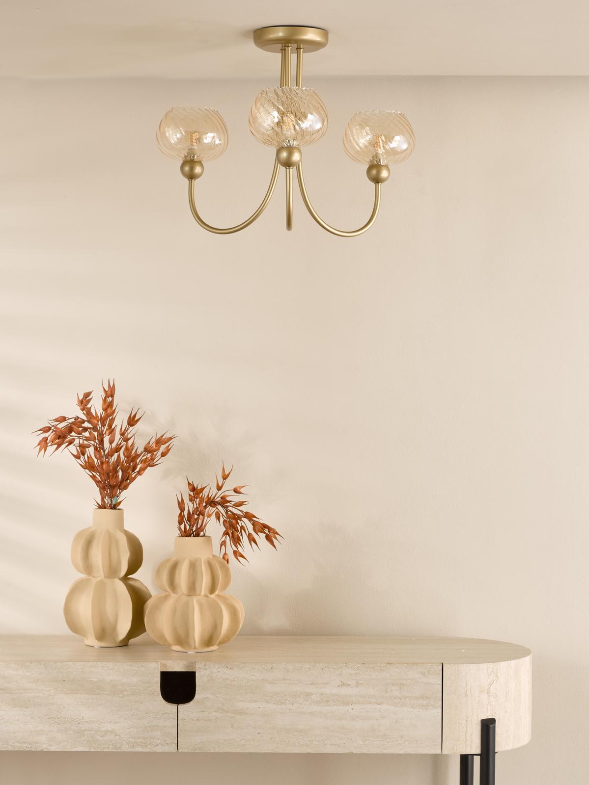 Cognac 3 Light Semi-Flush Satin Gold and Champagne Ribbed Glass