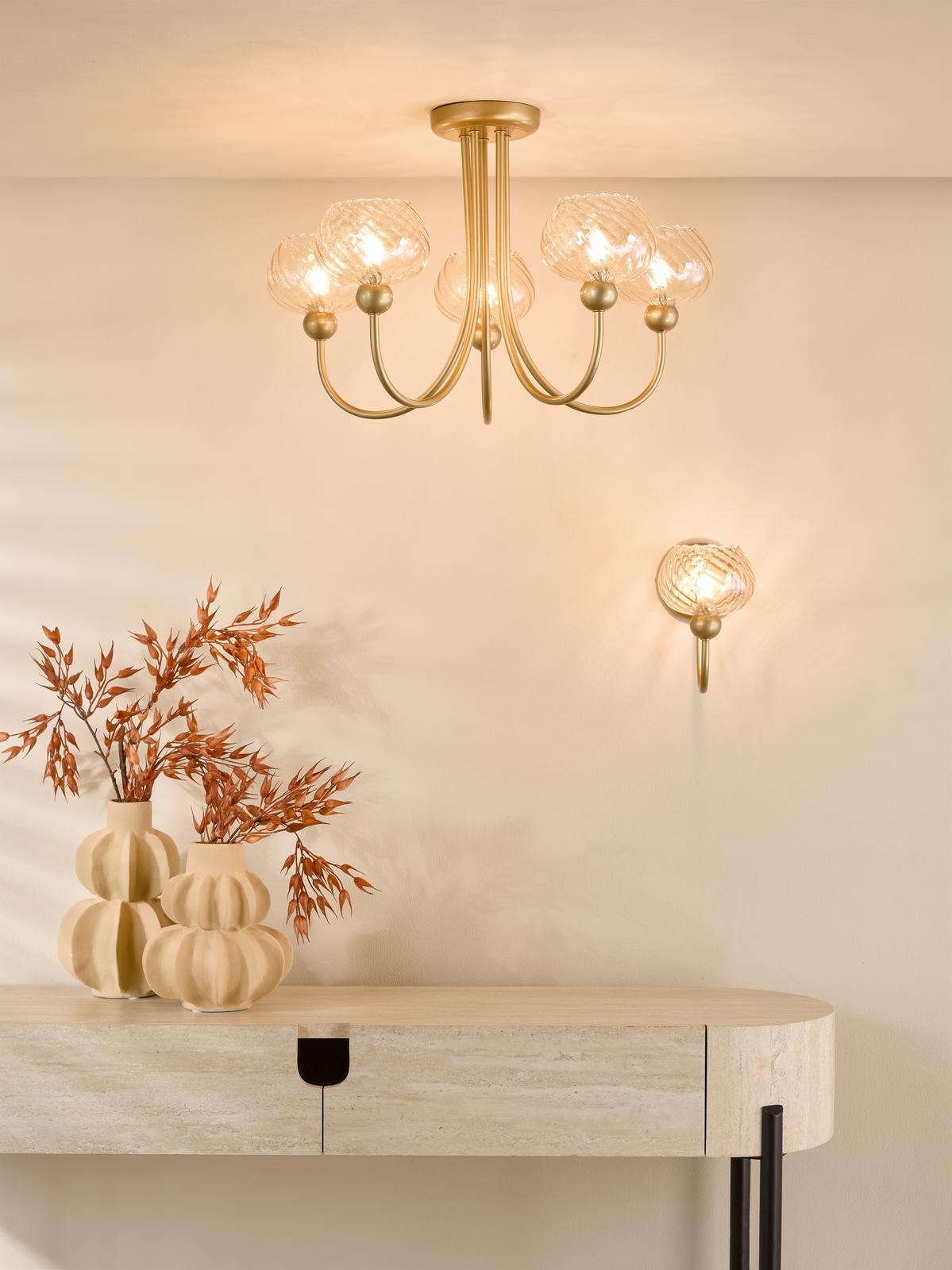 Cognac 3 Light Semi-Flush Satin Gold and Champagne Ribbed Glass