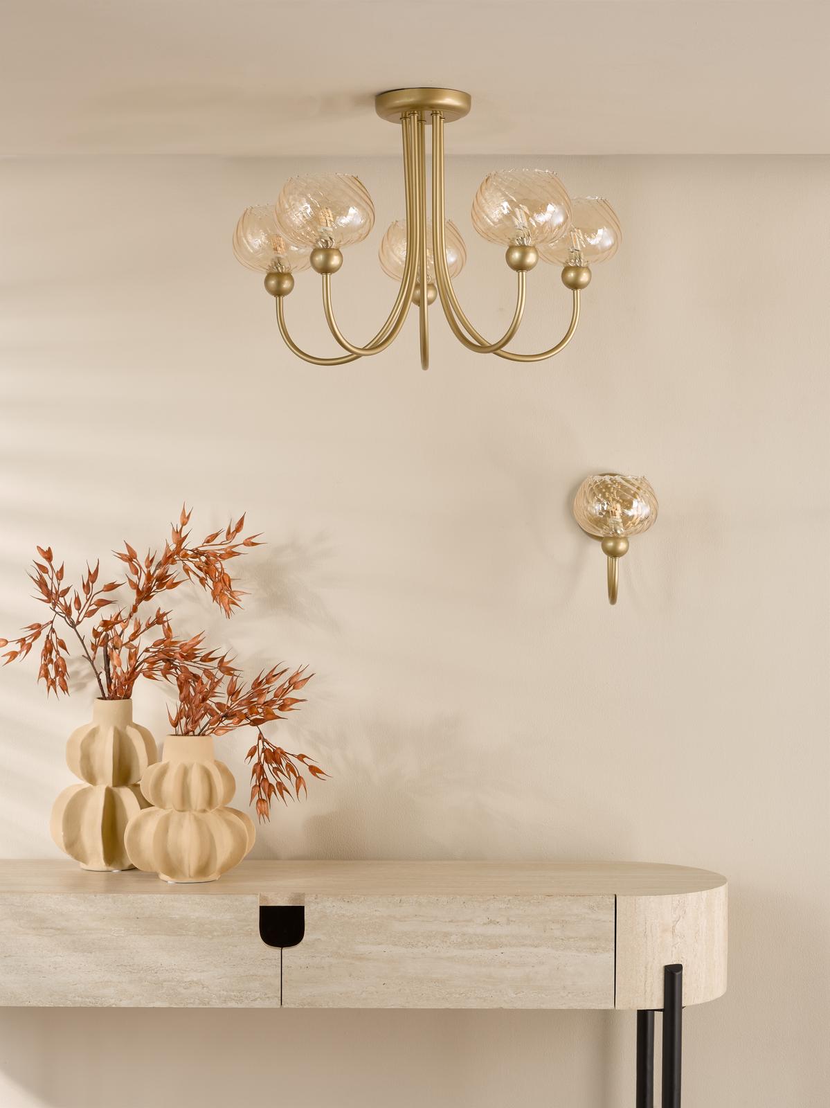 Cognac 3 Light Semi-Flush Satin Gold and Champagne Ribbed Glass