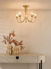 Cognac 5 Light Semi-Flush Satin Gold and Champagne Ribbed Glass