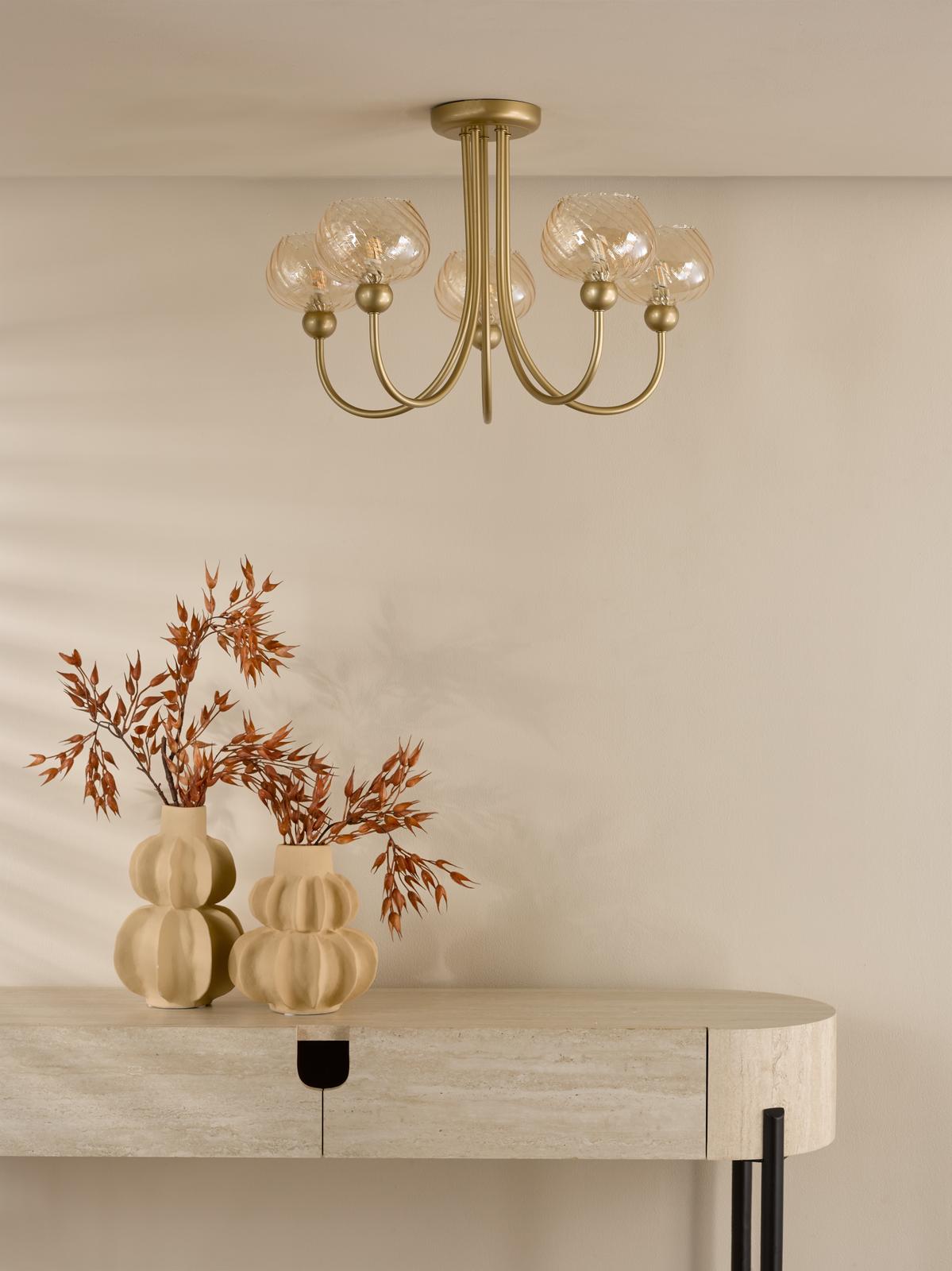 Cognac 5 Light Semi-Flush Satin Gold and Champagne Ribbed Glass
