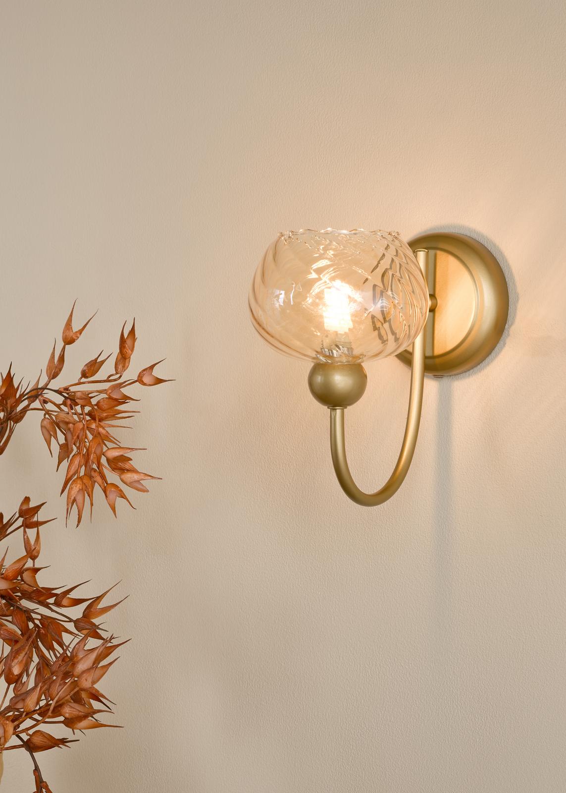 Cognac Wall Light Satin Gold and Champagne Ribbed Glass