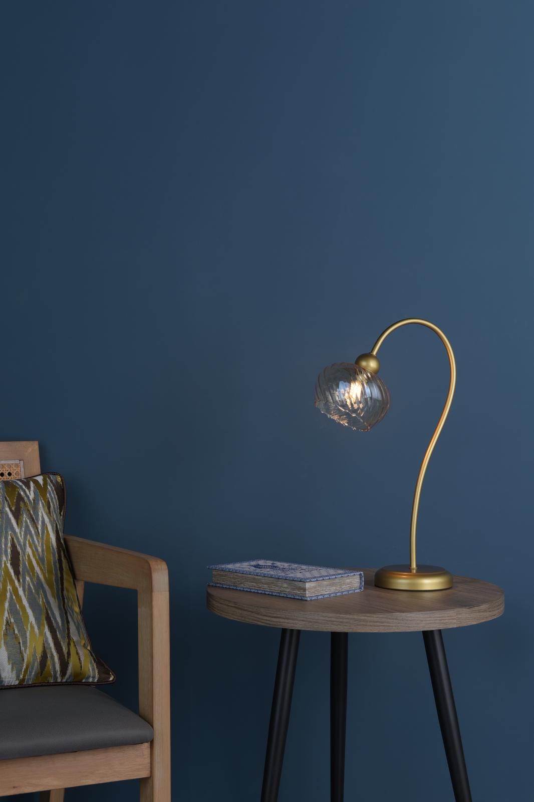 Cognac Table Lamp Satin Gold and Champagne Ribbed Glass