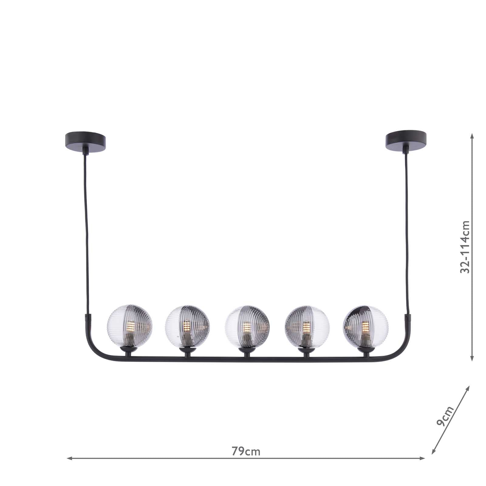 Cradle 5 Light Bar Pendant Matt Black With Smoked/Clear Ribbed Glass