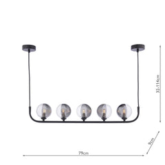 Cradle 5 Light Bar Pendant Matt Black With Smoked/Clear Ribbed Glass