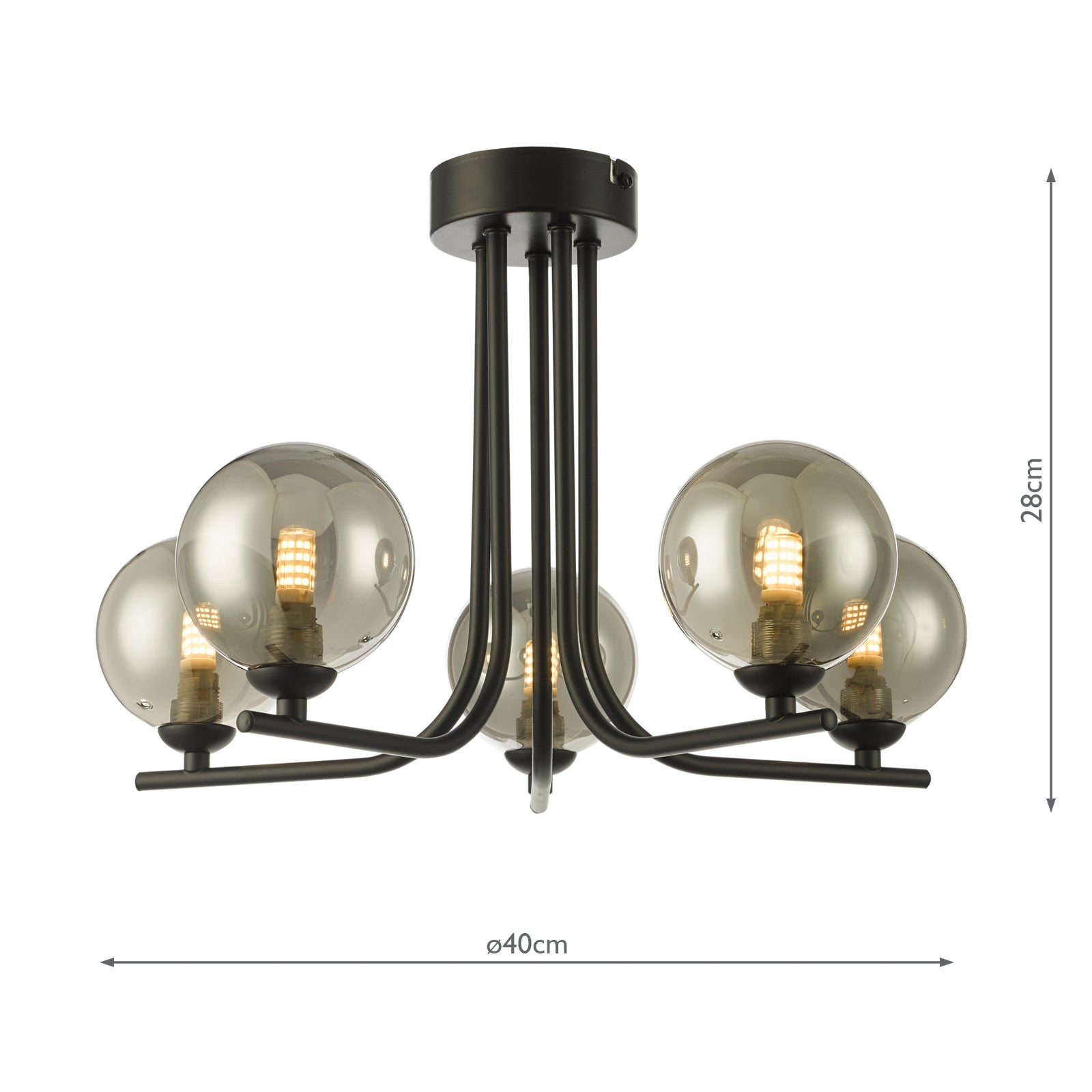 Cradle 5 Light Semi Flush Matt Black With Smoked Glass