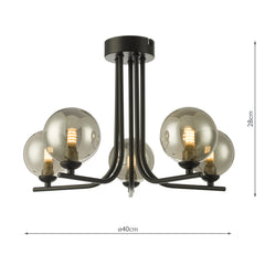 Cradle 5 Light Semi Flush Matt Black With Smoked Glass