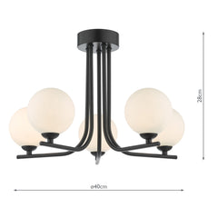 Cradle 5 Light Semi Flush Matt Black With Opal Glass