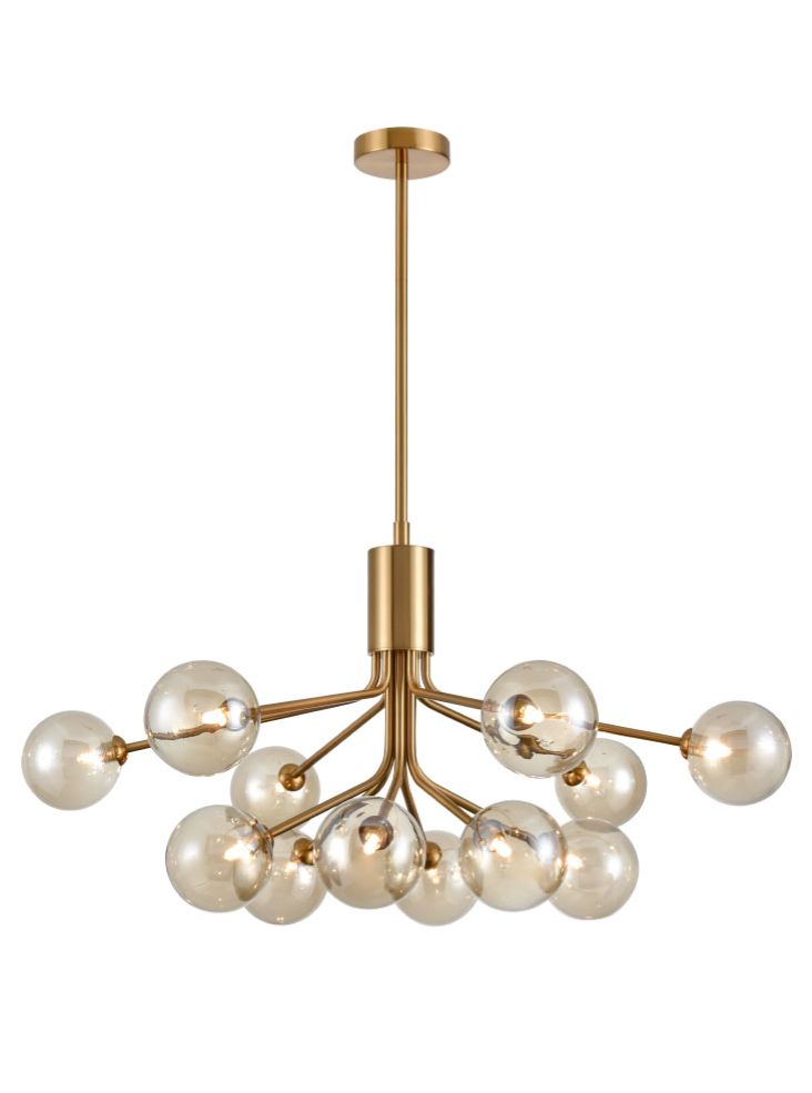 Franklite, Cosmic 12 Light Pendant In Antique Gold With Amber Glass