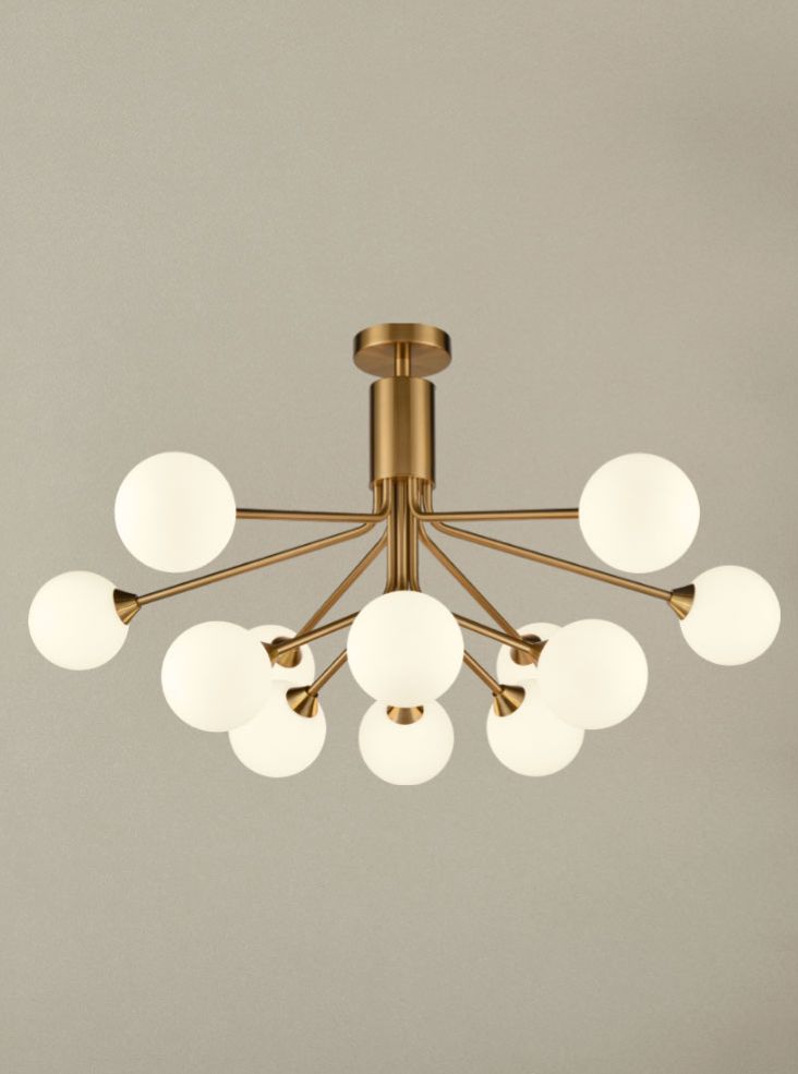 Franklite, Cosmic 12 Light Pendant In Antique Gold With Matt Opal Glass