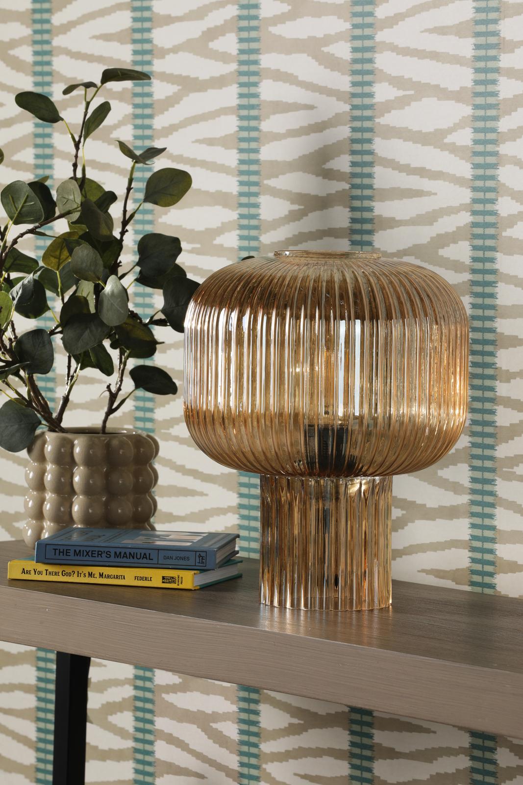 Demarius Table Lamp Amber Ribbed Glass