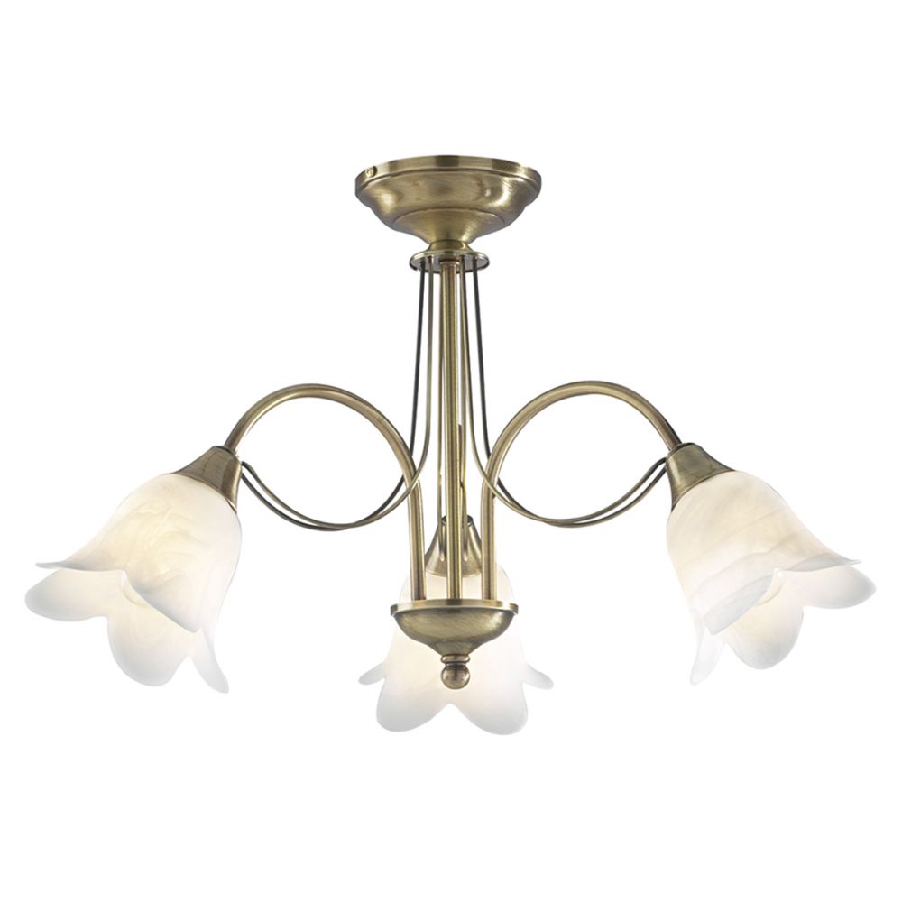 där lighting Doublet 3 Light Semi Flush Antique Brass Complete With Alabaster Glass