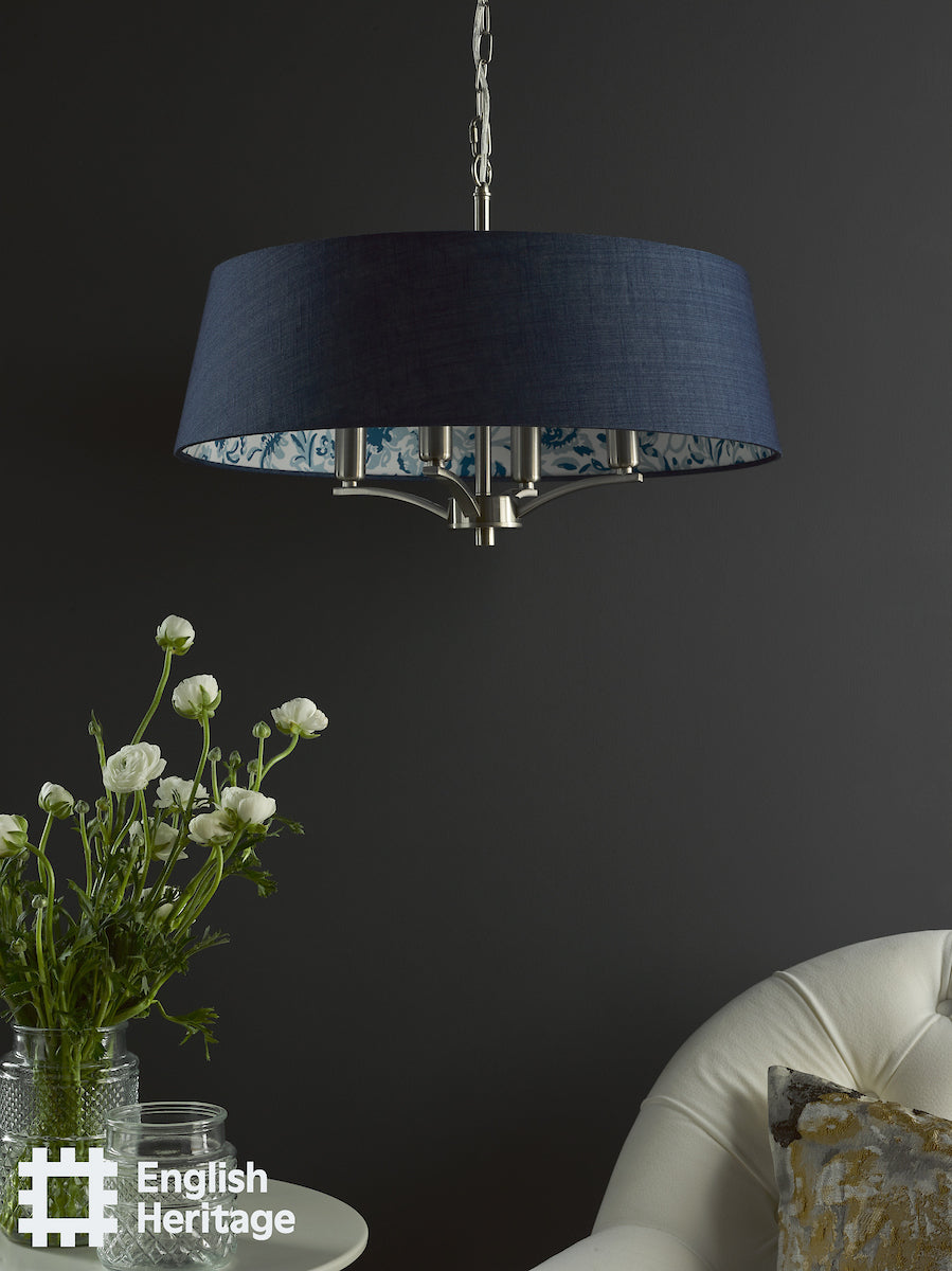 English Heritage Down House 4 Light Shadelier Satin Chrome and Blue With Shade