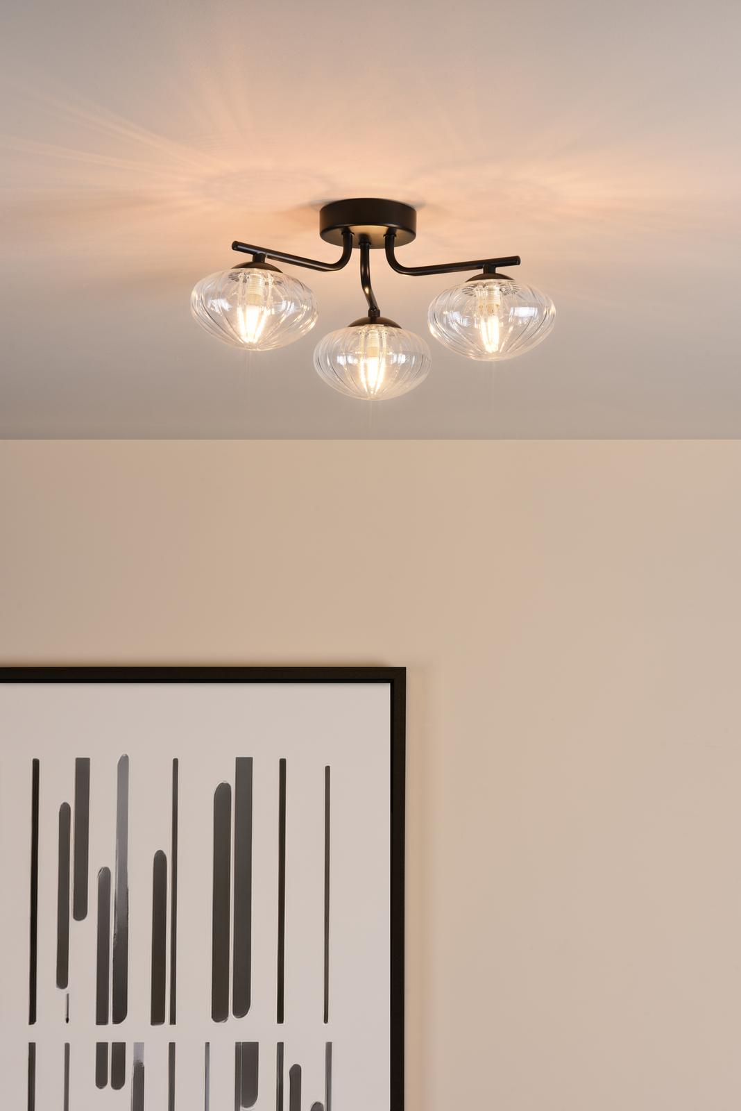 Ede 3 Light Semi-Flush Matt Black and Glass