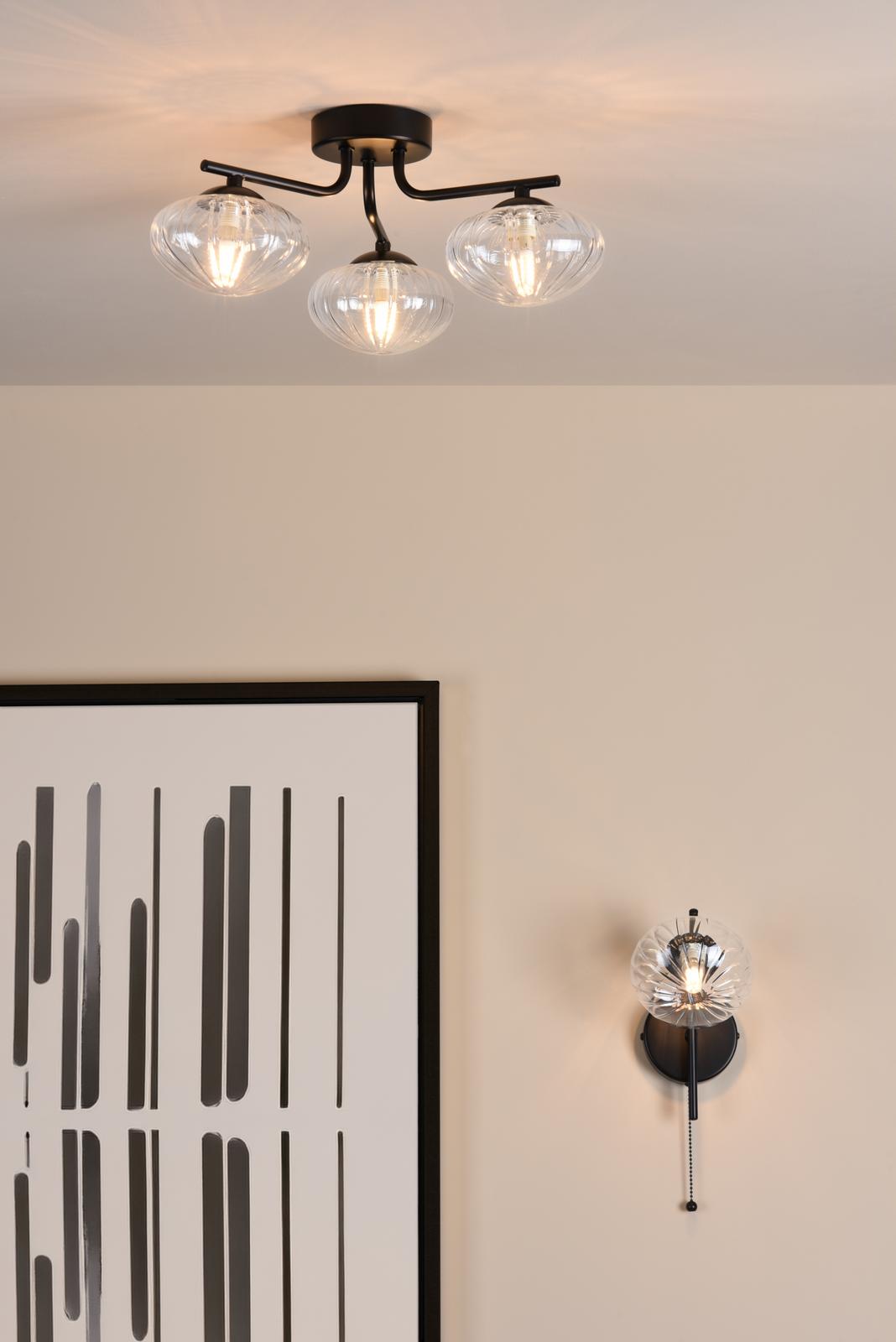 Ede 3 Light Semi-Flush Matt Black and Glass