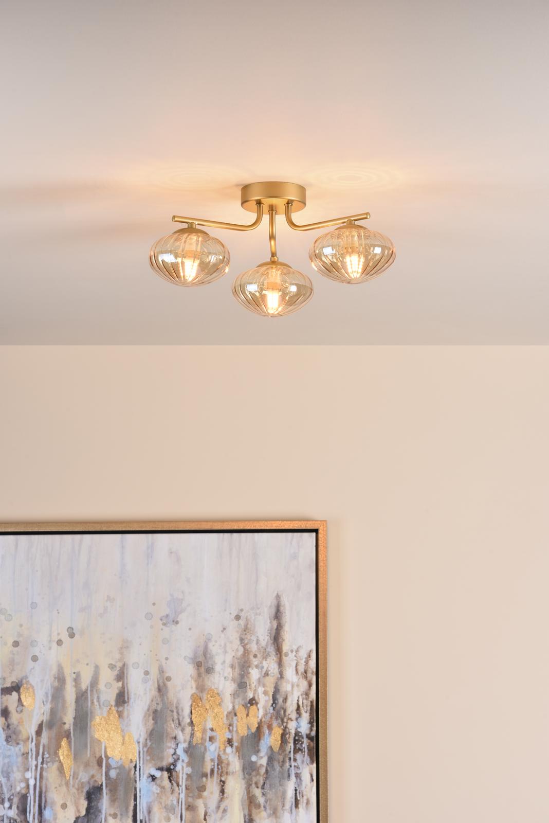 Ede 3 Light Semi-Flush Satin Gold and Amber Glass