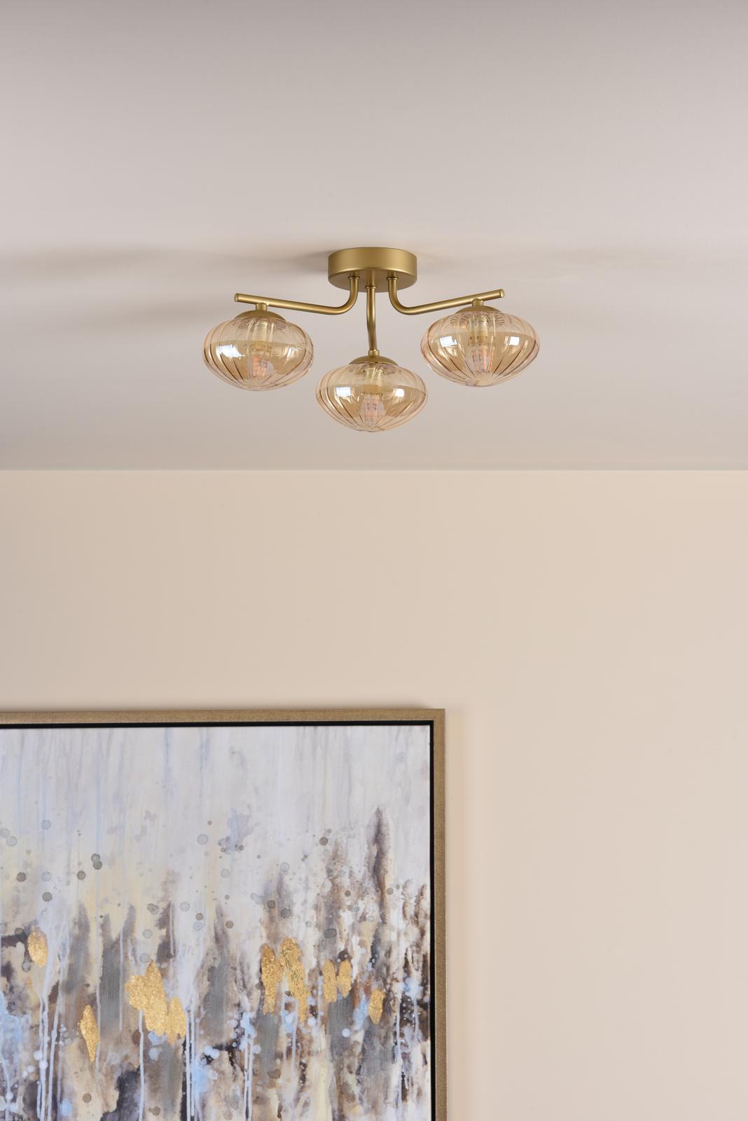 Ede 3 Light Semi-Flush Satin Gold and Amber Glass