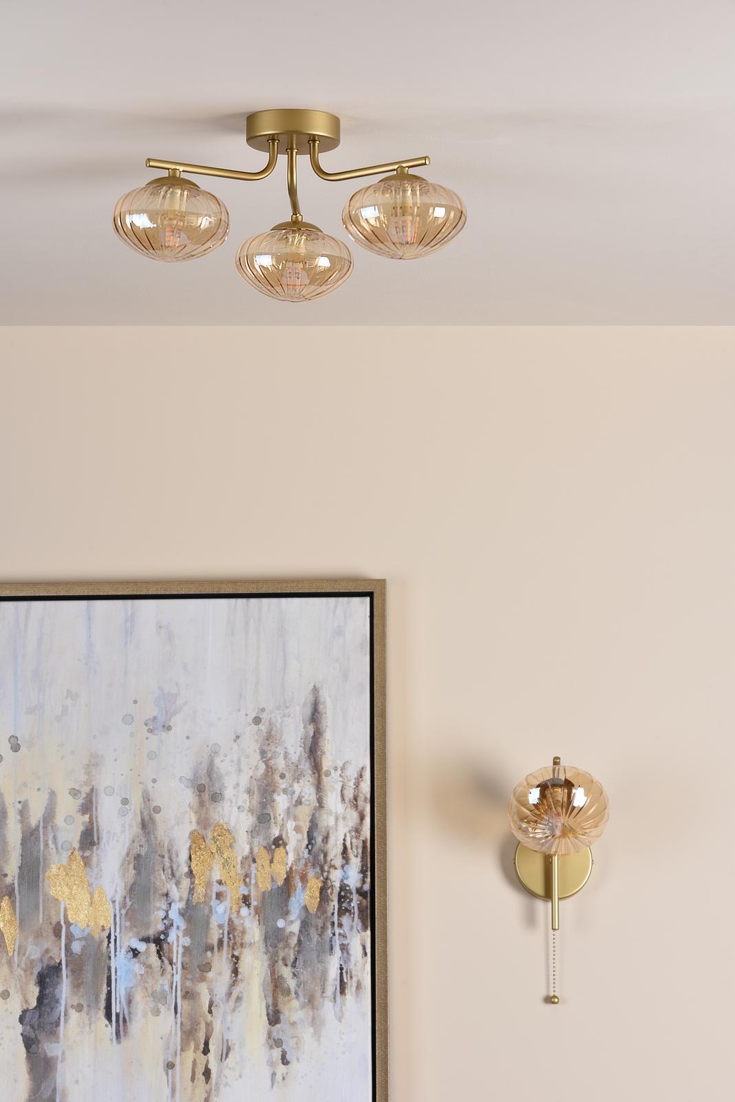 Ede 3 Light Semi-Flush Satin Gold and Amber Glass
