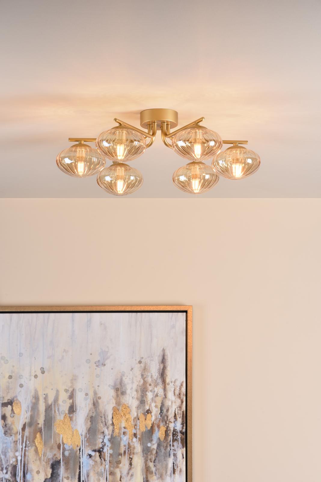 Ede 6 Light Semi-Flush Satin Gold and Amber Glass