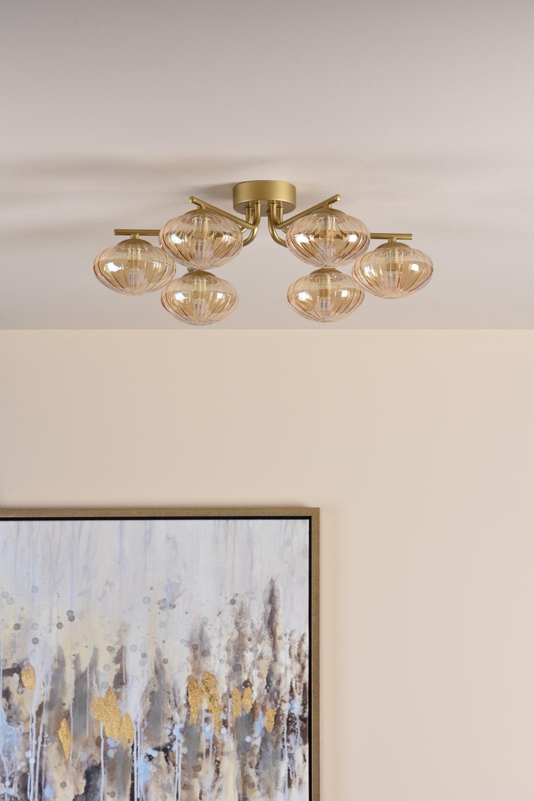 Ede 6 Light Semi-Flush Satin Gold and Amber Glass