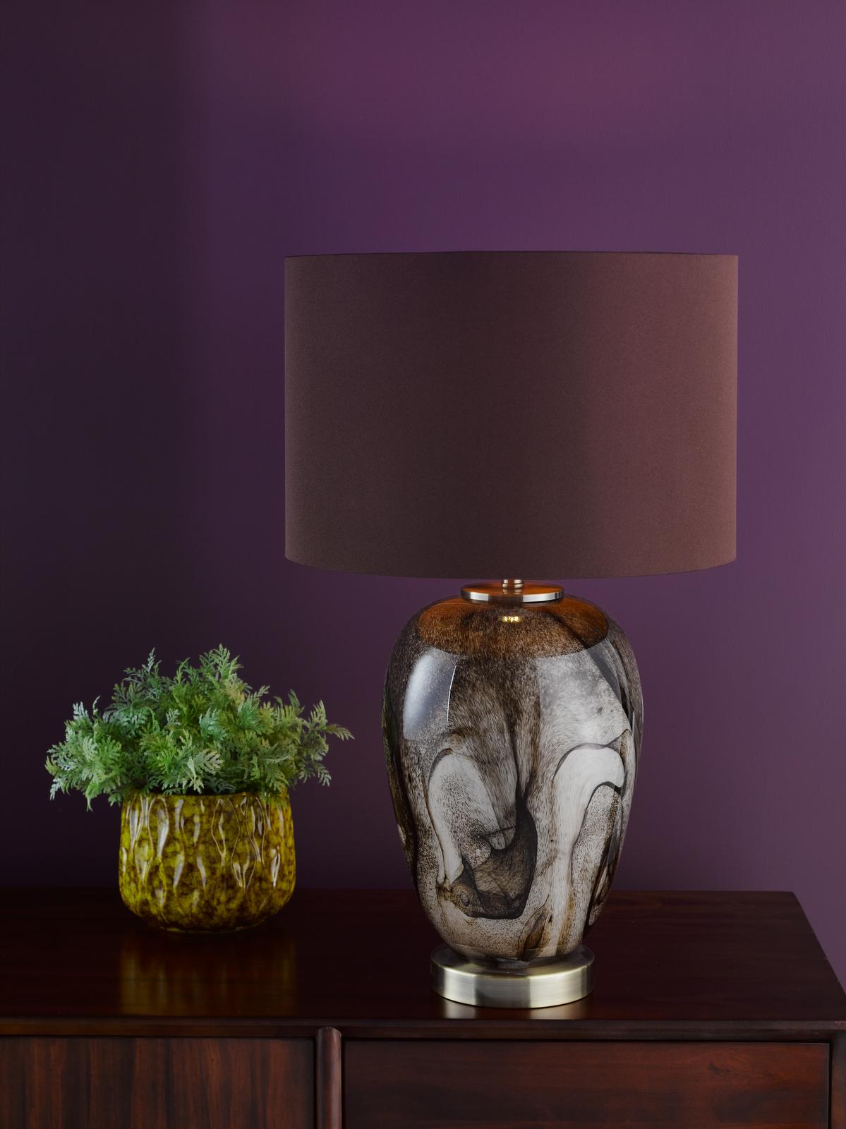 Egas Table Lamp Brown Marble Effect Glass and Antique Brass With Shade