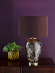 Egas Table Lamp Brown Marble Effect Glass and Antique Brass With Shade