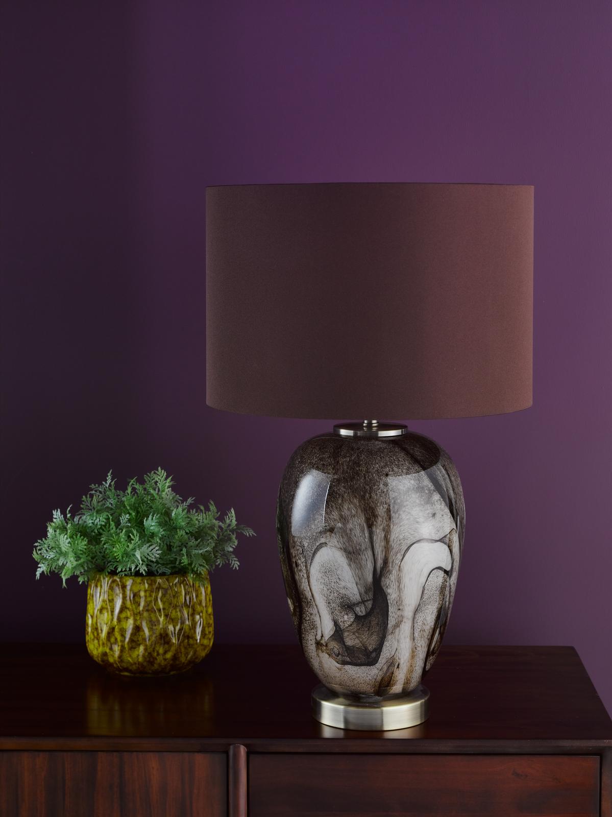 Egas Table Lamp Brown Marble Effect Glass and Antique Brass With Shade