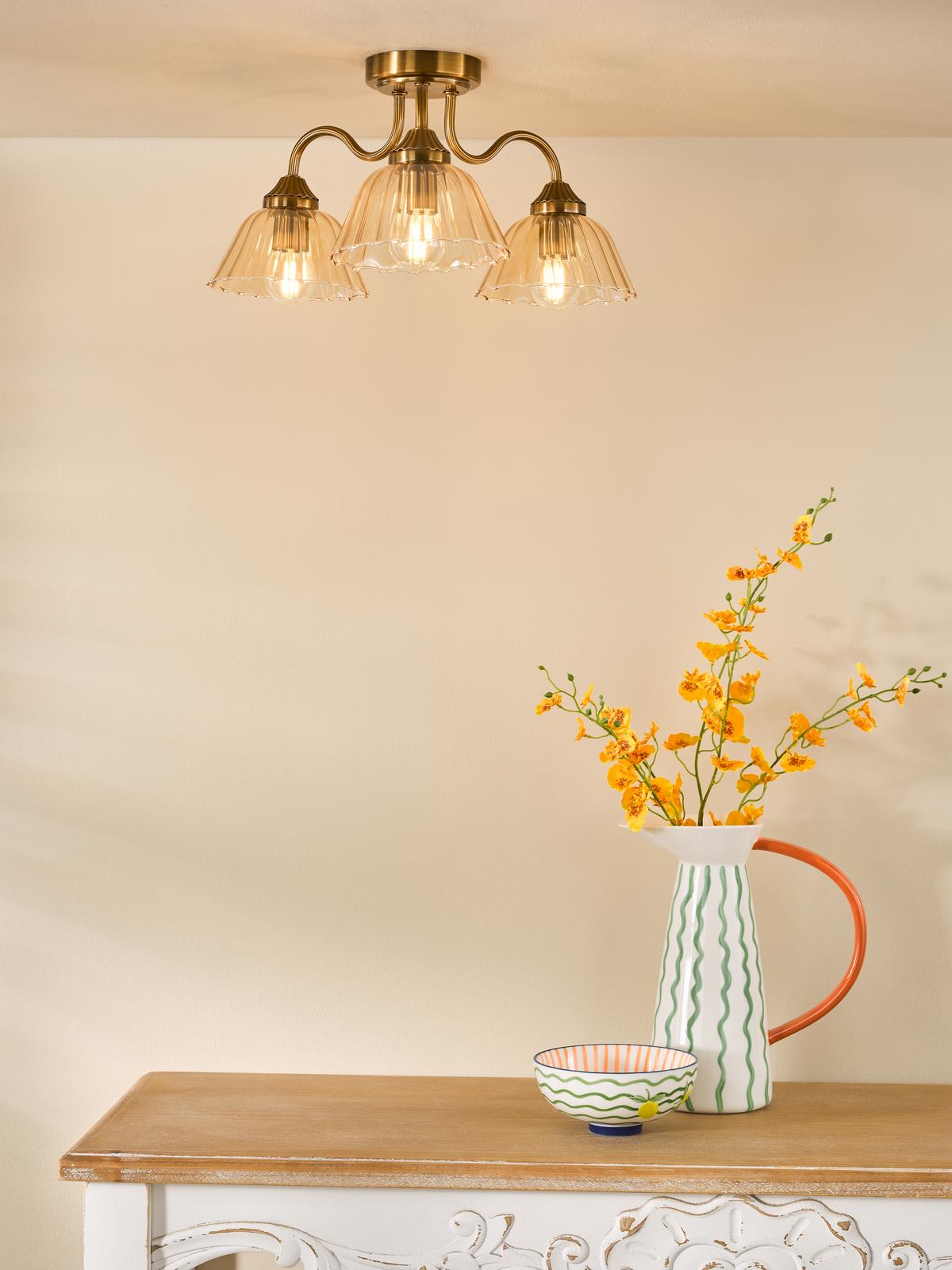 Erika 3 Light Semi-Flush Antique Bronze and Amber Glass