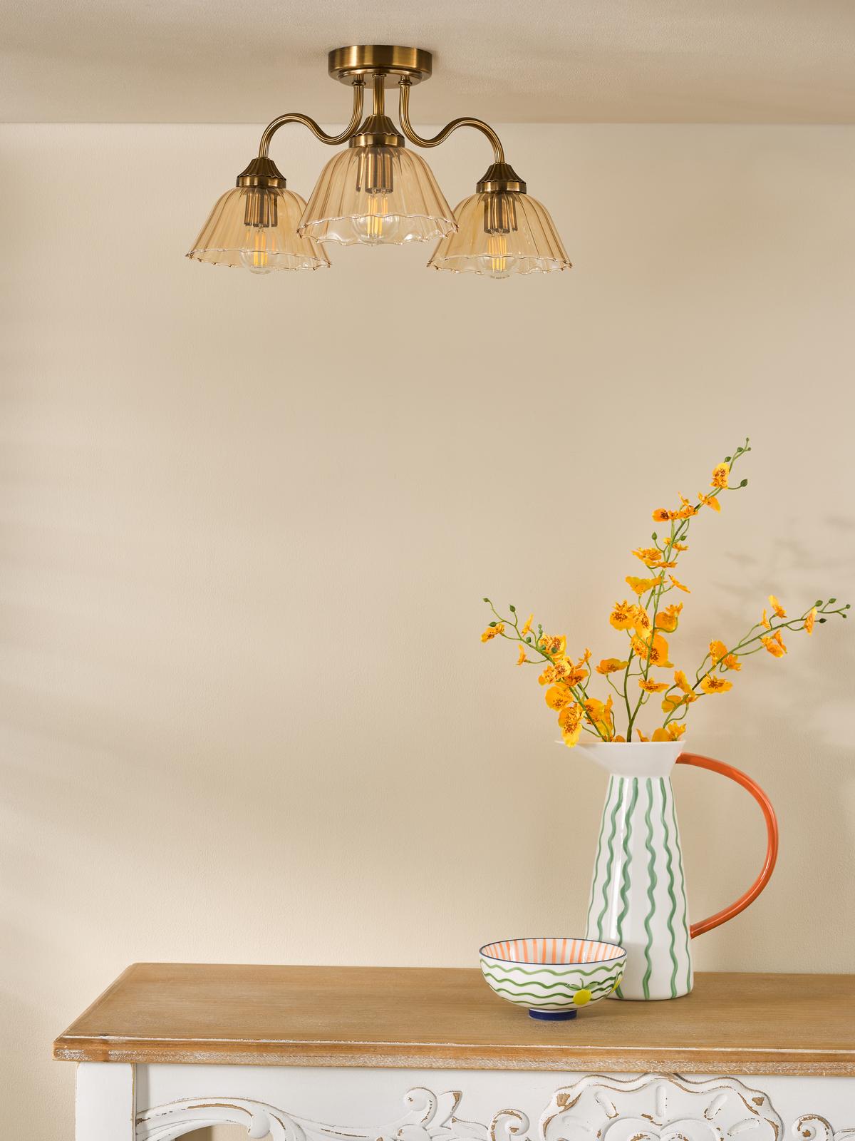 Erika 3 Light Semi-Flush Antique Bronze and Amber Glass