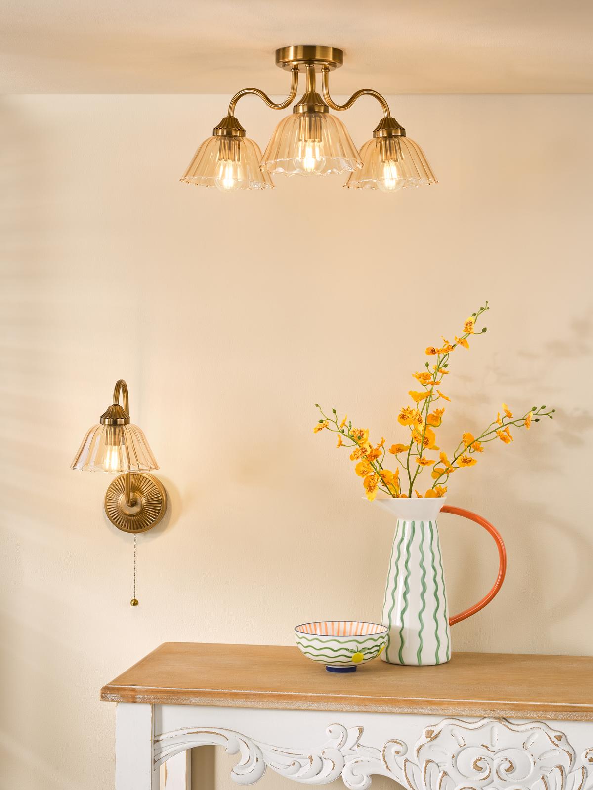 Erika 3 Light Semi-Flush Antique Bronze and Amber Glass