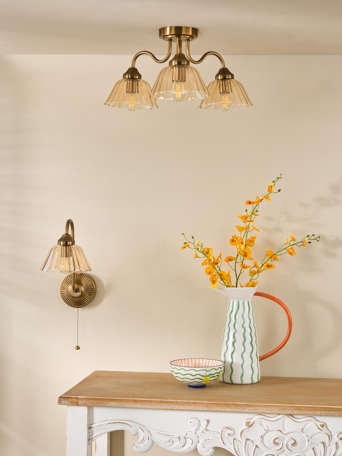 Erika 3 Light Semi-Flush Antique Bronze and Amber Glass