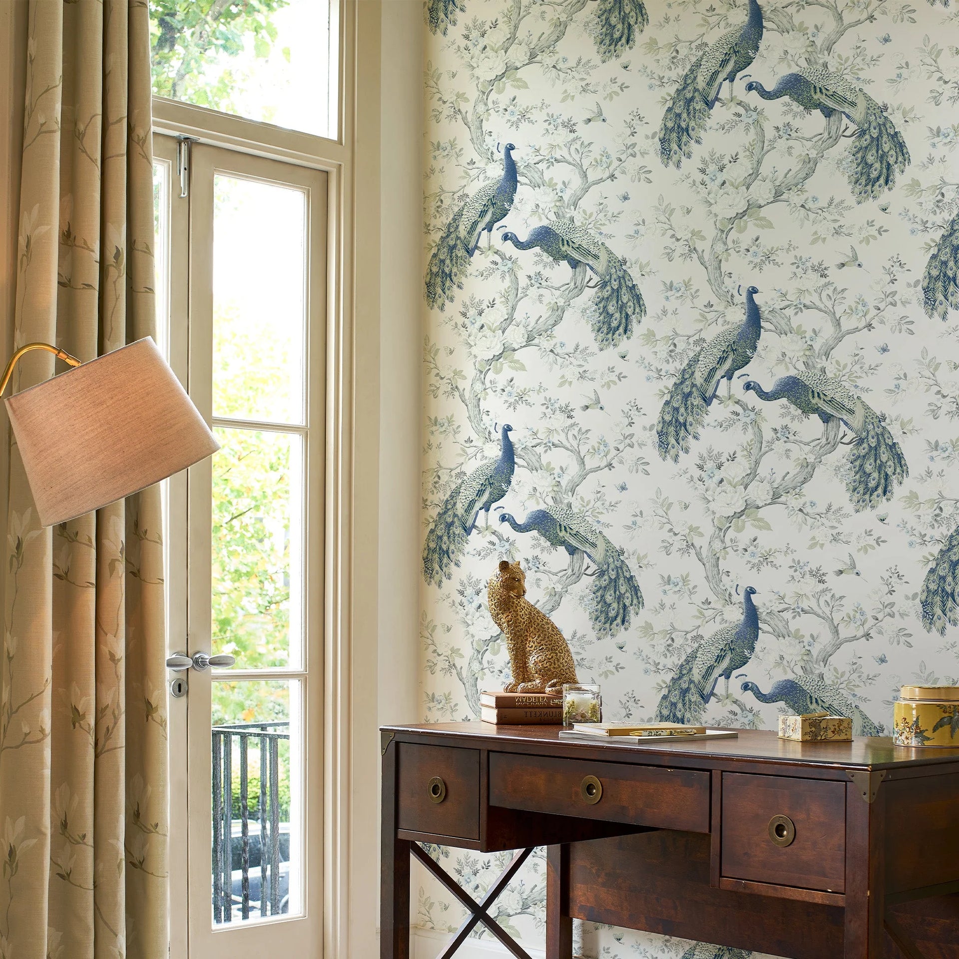 Elegant Josette damask wallpaper in a sophisticated bedroom