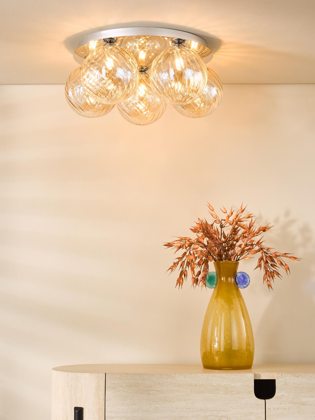 Foley 5 Light Flush Polished Chrome With Twisted Amber Glass
