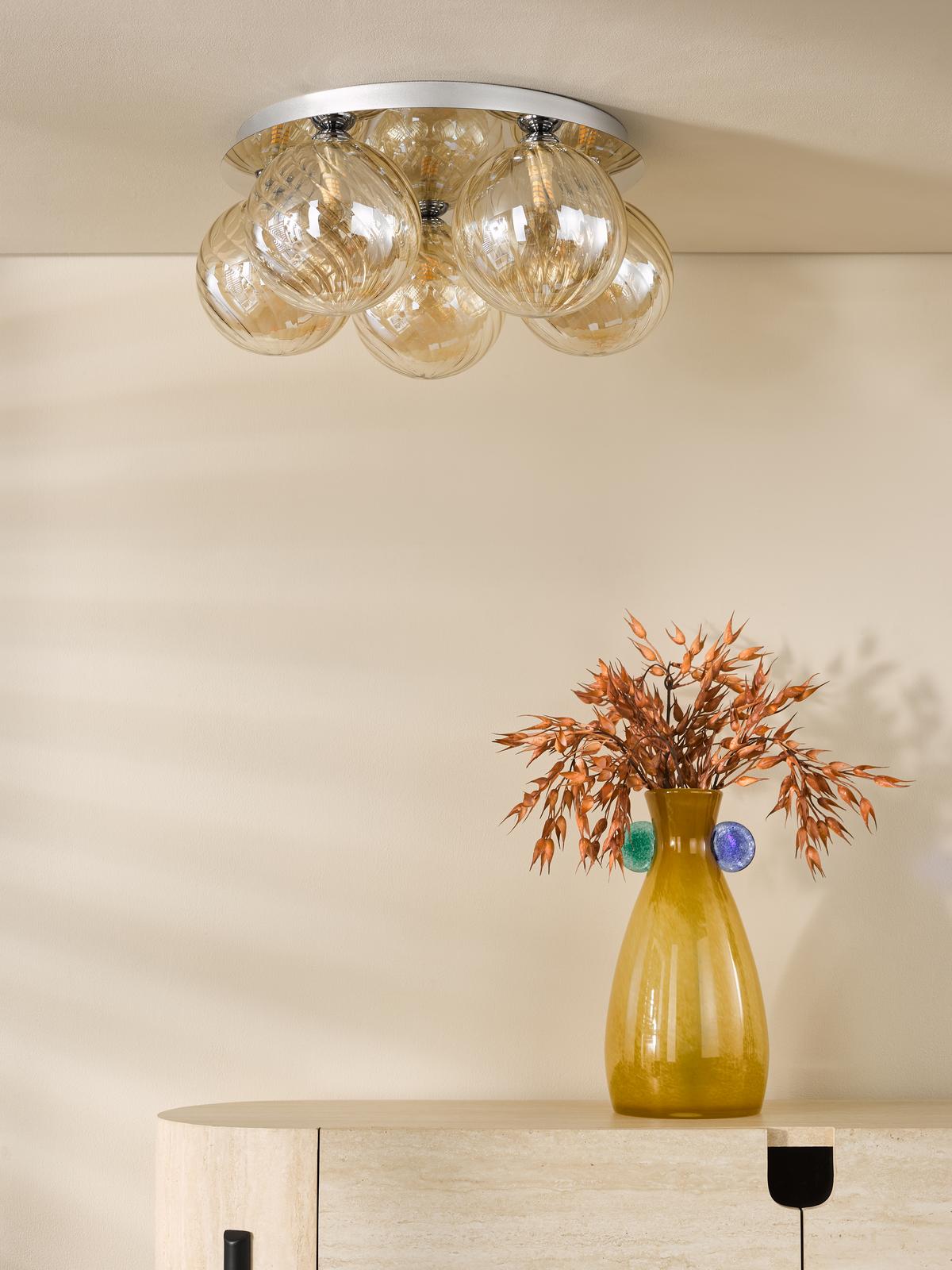 Foley 5 Light Flush Polished Chrome With Twisted Amber Glass